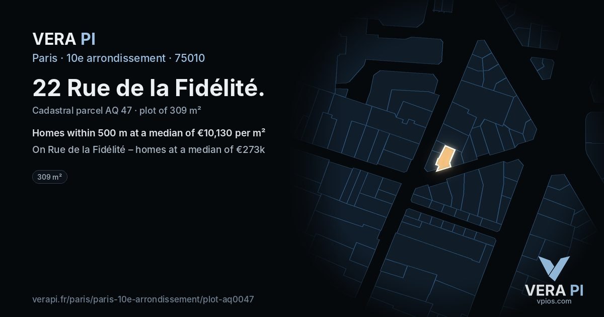 22 Rue de la Fidélité, 10e arrondissement at night – the plot lit, the parcels around coloured by the prices near them