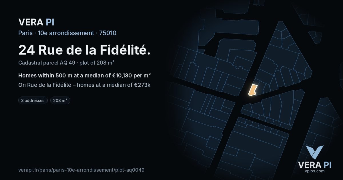 24 Rue de la Fidélité, 10e arrondissement at night – the plot lit, the parcels around coloured by the prices near them