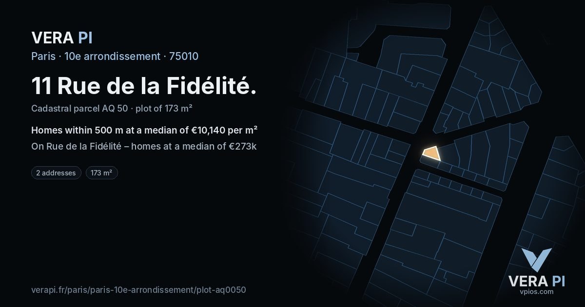 11 Rue de la Fidélité, 10e arrondissement at night – the plot lit, the parcels around coloured by the prices near them