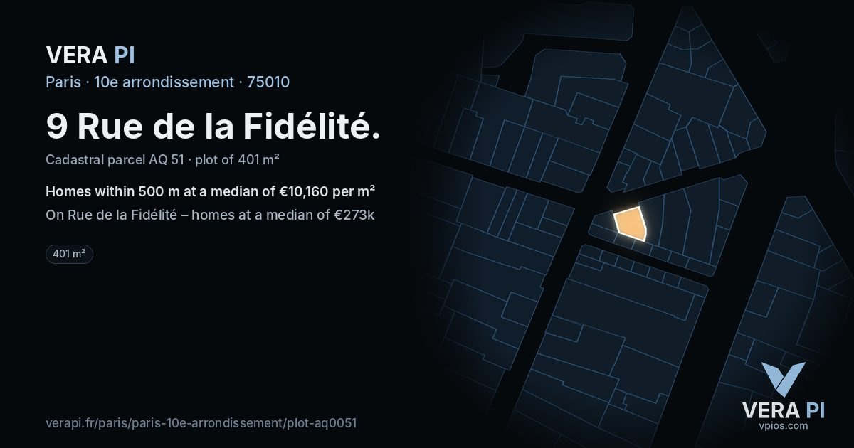 9 Rue de la Fidélité, 10e arrondissement at night – the plot lit, the parcels around coloured by the prices near them