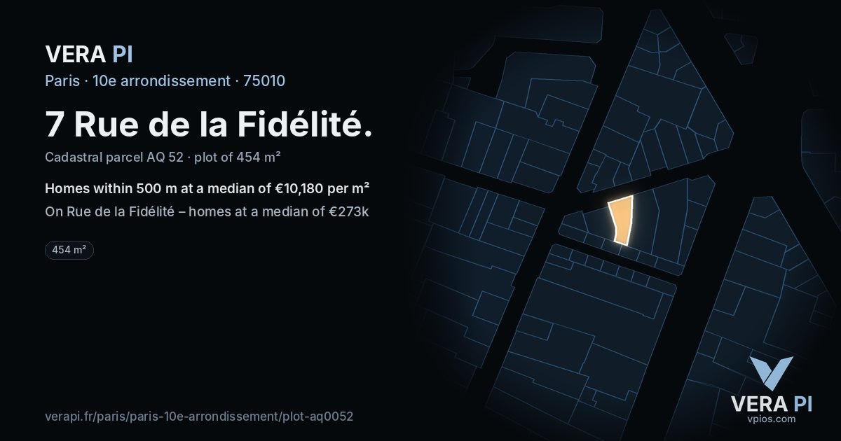7 Rue de la Fidélité, 10e arrondissement at night – the plot lit, the parcels around coloured by the prices near them