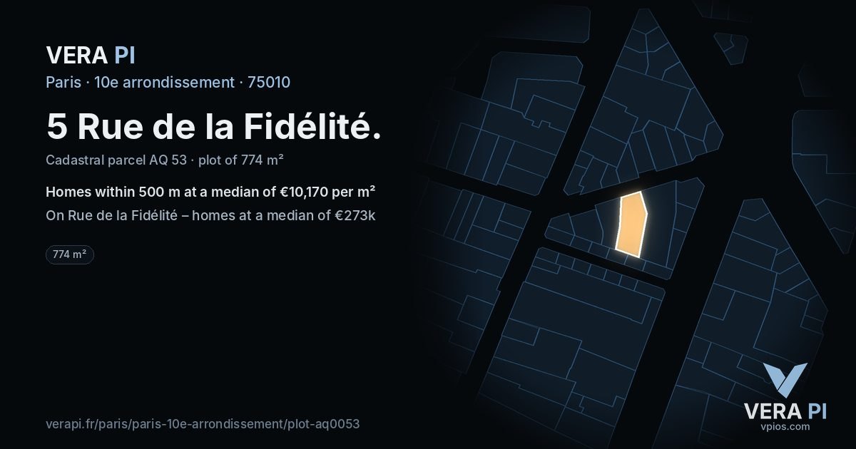 5 Rue de la Fidélité, 10e arrondissement at night – the plot lit, the parcels around coloured by the prices near them