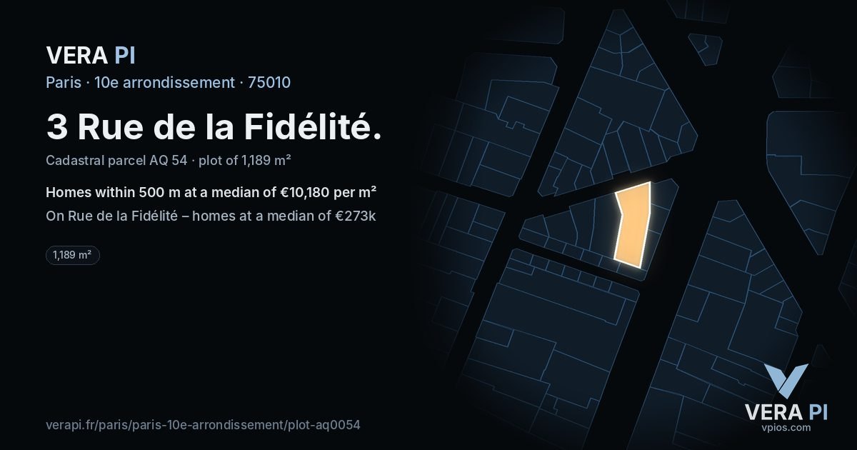 3 Rue de la Fidélité, 10e arrondissement at night – the plot lit, the parcels around coloured by the prices near them