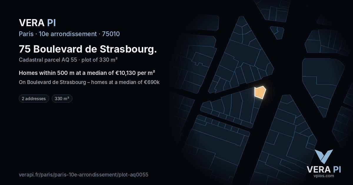75 Boulevard de Strasbourg, 10e arrondissement at night – the plot lit, the parcels around coloured by the prices near them