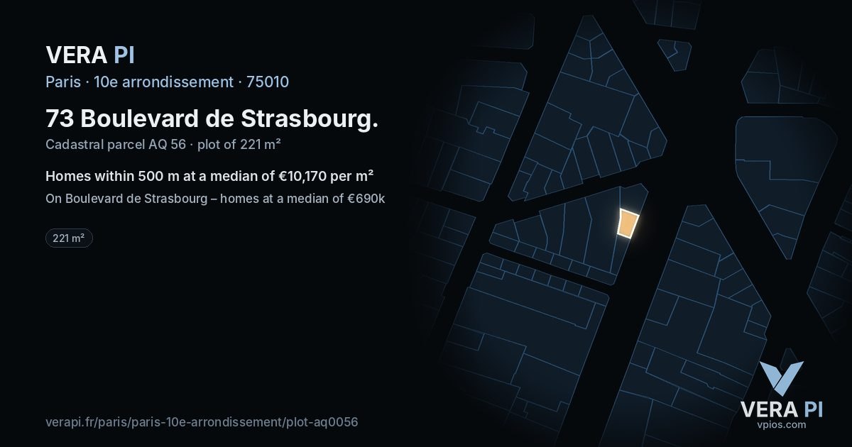 73 Boulevard de Strasbourg, 10e arrondissement at night – the plot lit, the parcels around coloured by the prices near them