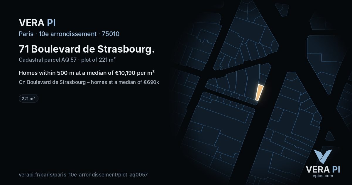 71 Boulevard de Strasbourg, 10e arrondissement at night – the plot lit, the parcels around coloured by the prices near them
