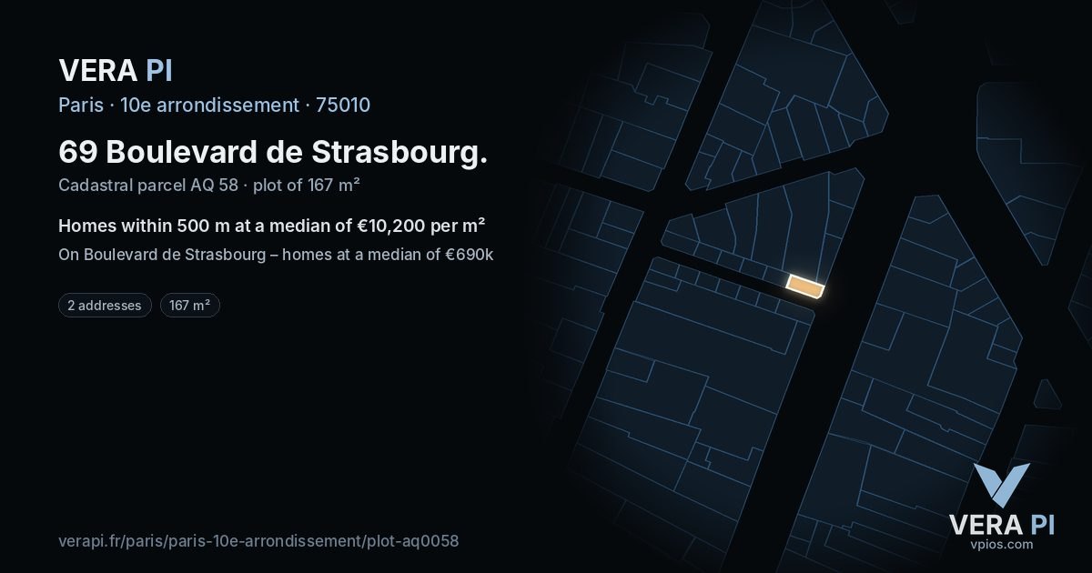 69 Boulevard de Strasbourg, 10e arrondissement at night – the plot lit, the parcels around coloured by the prices near them