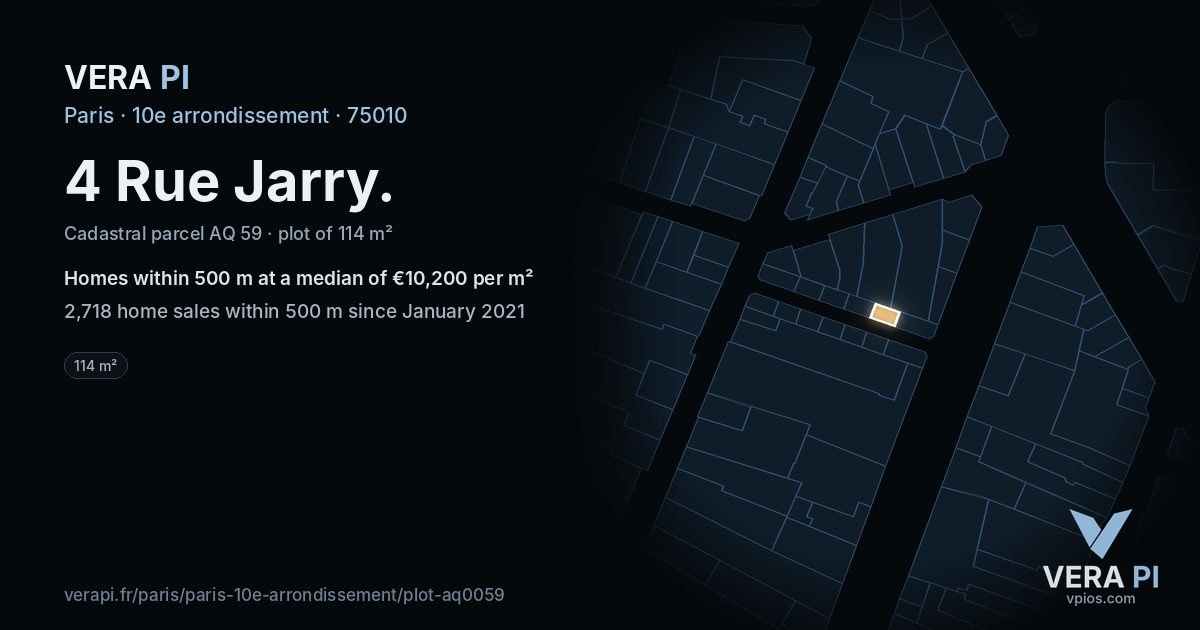 4 Rue Jarry, 10e arrondissement at night – the plot lit, the parcels around coloured by the prices near them