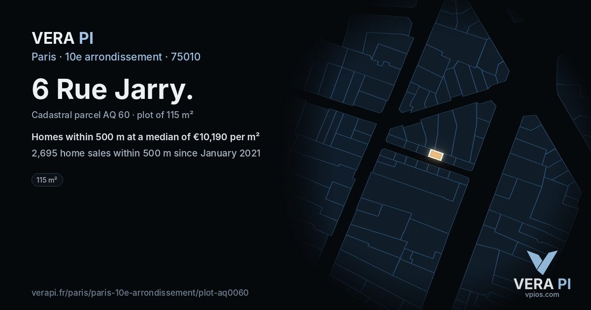 6 Rue Jarry, 10e arrondissement at night – the plot lit, the parcels around coloured by the prices near them