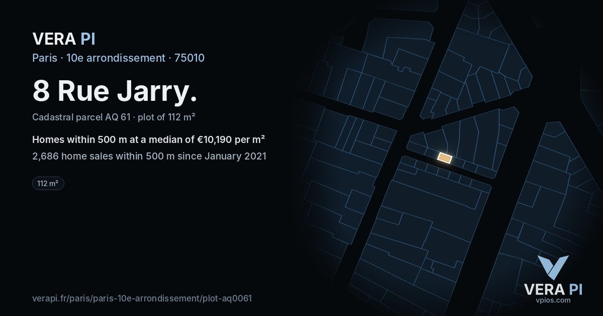8 Rue Jarry, 10e arrondissement at night – the plot lit, the parcels around coloured by the prices near them