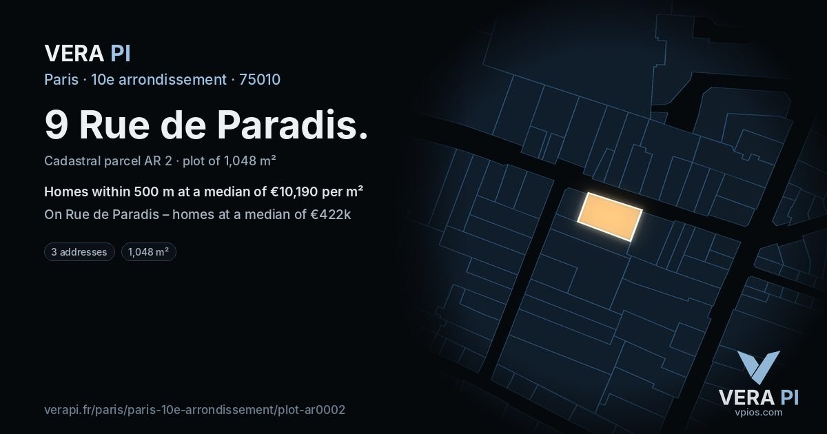 9 Rue de Paradis, 10e arrondissement at night – the plot lit, the parcels around coloured by the prices near them