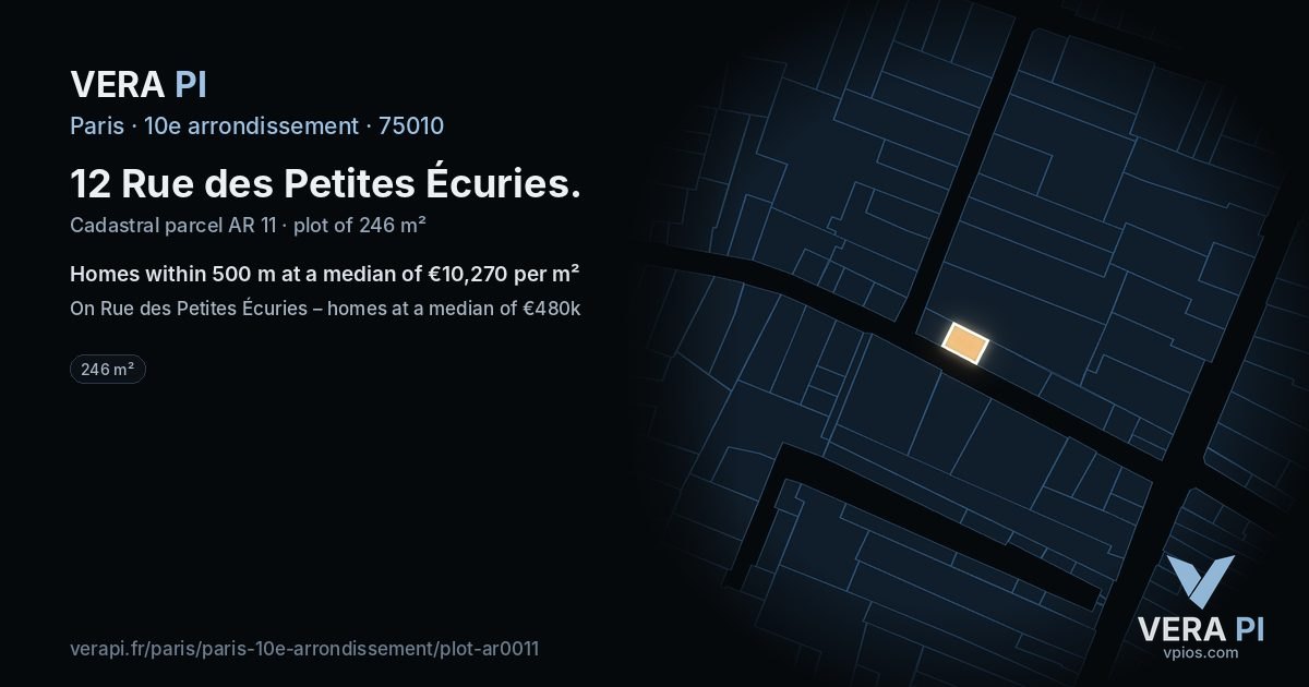 12 Rue des Petites Écuries, 10e arrondissement at night – the plot lit, the parcels around coloured by the prices near them