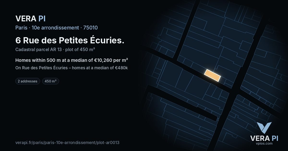 6 Rue des Petites Écuries, 10e arrondissement at night – the plot lit, the parcels around coloured by the prices near them