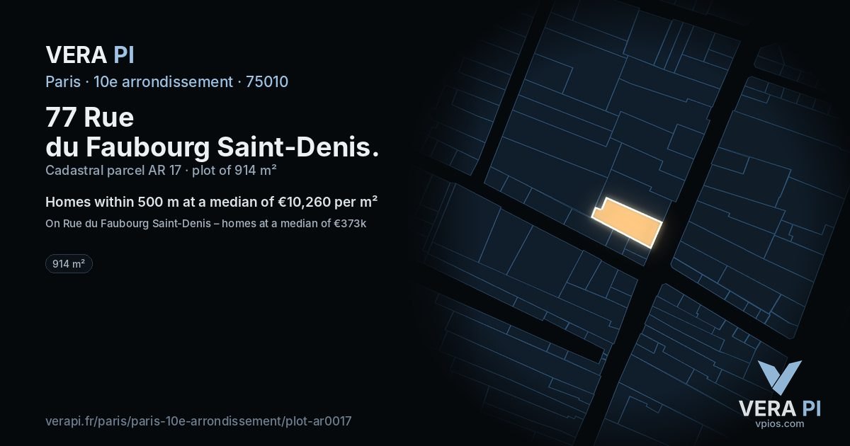 77 Rue du Faubourg Saint-Denis, 10e arrondissement at night – the plot lit, the parcels around coloured by the prices near them