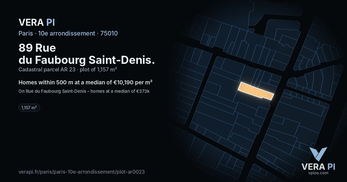 89 Rue du Faubourg Saint-Denis, 10e arrondissement at night – the plot lit, the parcels around coloured by the prices near them