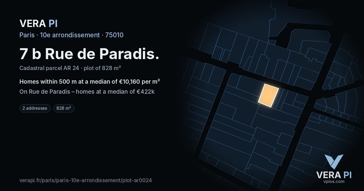 7 b Rue de Paradis, 10e arrondissement at night – the plot lit, the parcels around coloured by the prices near them