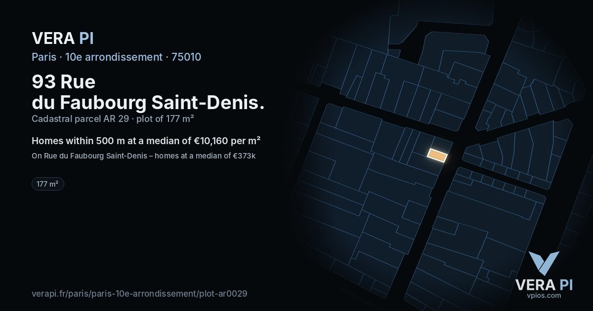 93 Rue du Faubourg Saint-Denis, 10e arrondissement at night – the plot lit, the parcels around coloured by the prices near them
