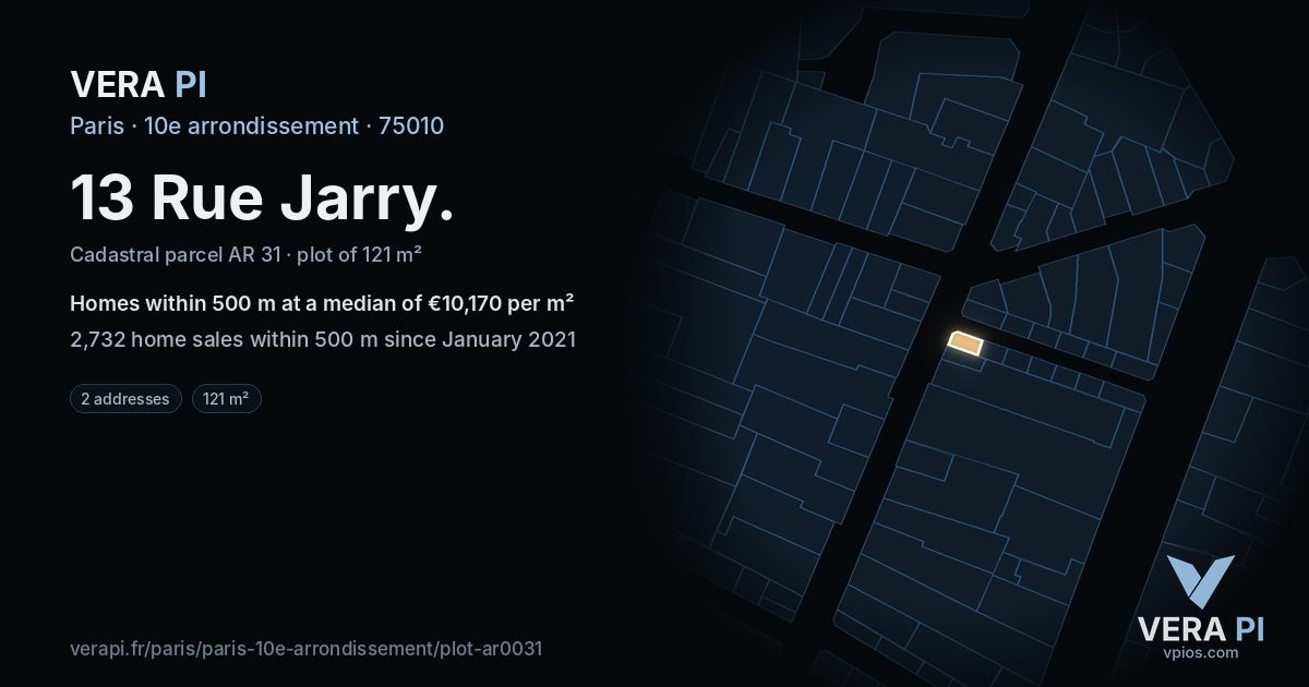 13 Rue Jarry, 10e arrondissement at night – the plot lit, the parcels around coloured by the prices near them