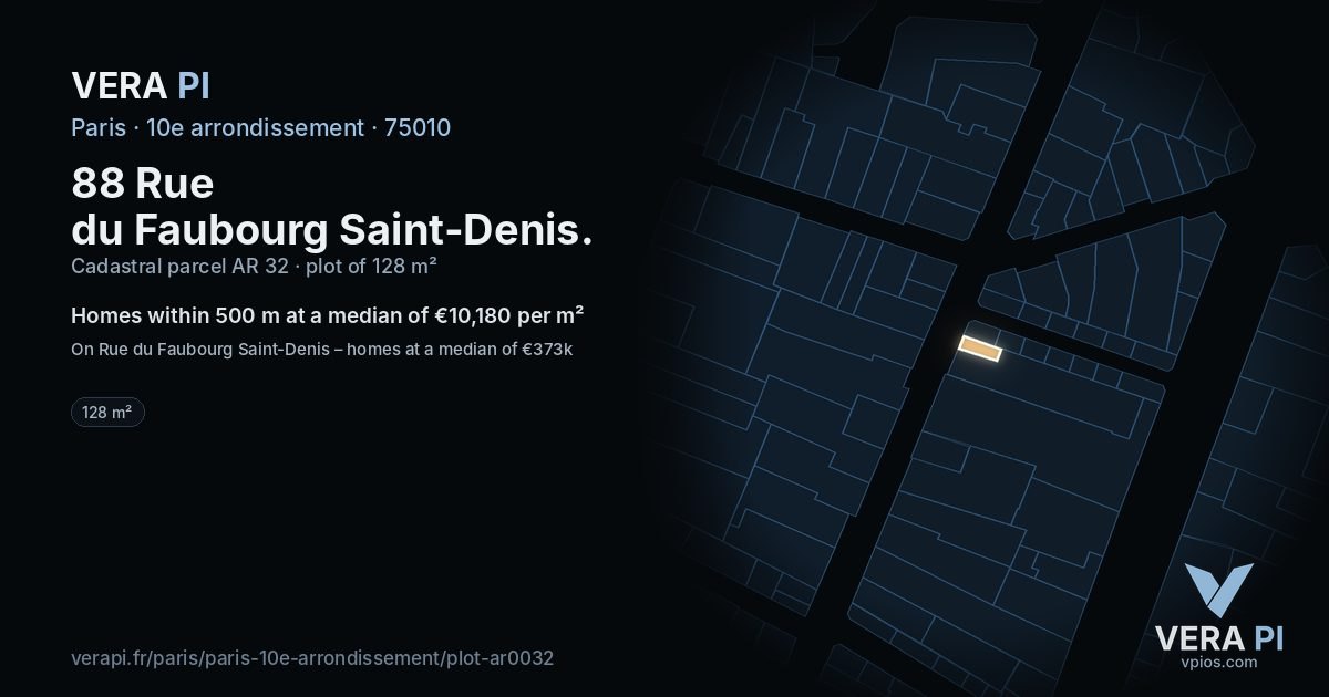 88 Rue du Faubourg Saint-Denis, 10e arrondissement at night – the plot lit, the parcels around coloured by the prices near them