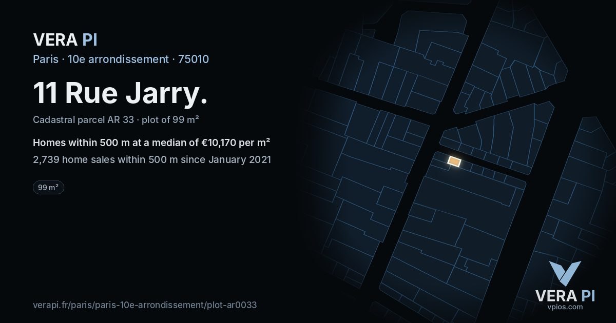 11 Rue Jarry, 10e arrondissement at night – the plot lit, the parcels around coloured by the prices near them