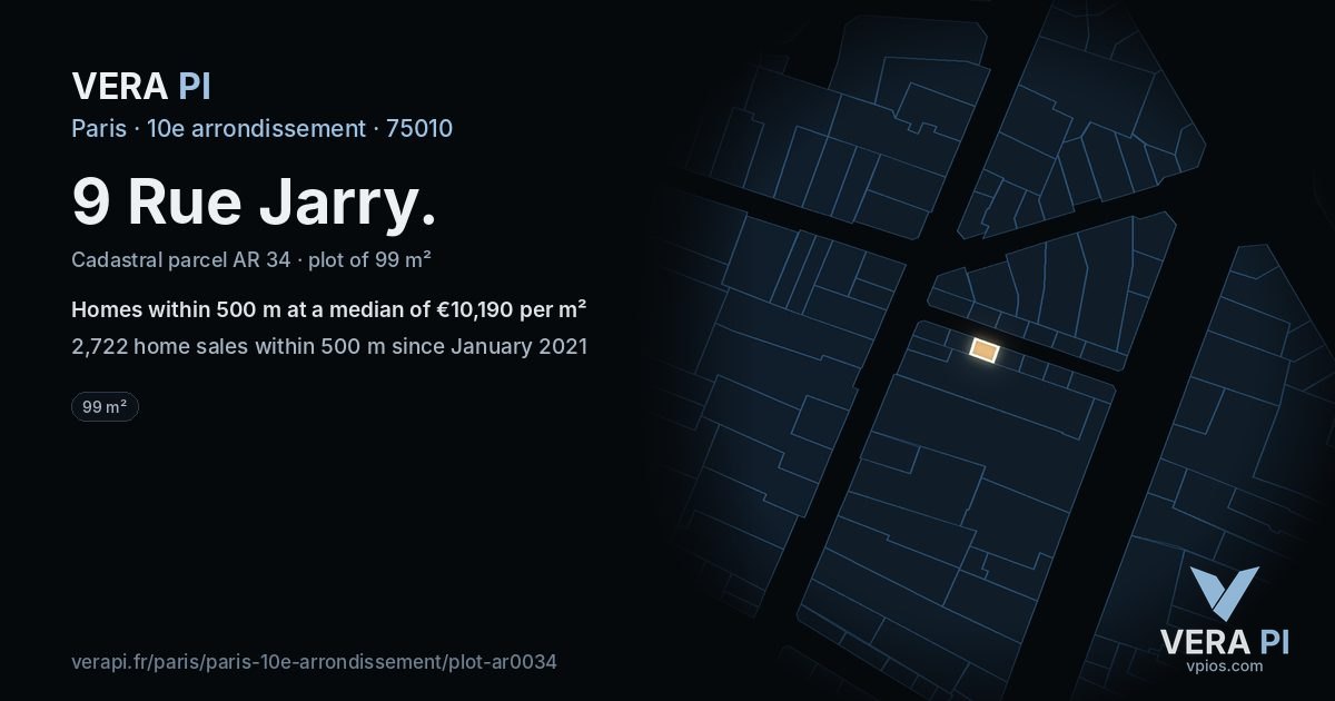 9 Rue Jarry, 10e arrondissement at night – the plot lit, the parcels around coloured by the prices near them