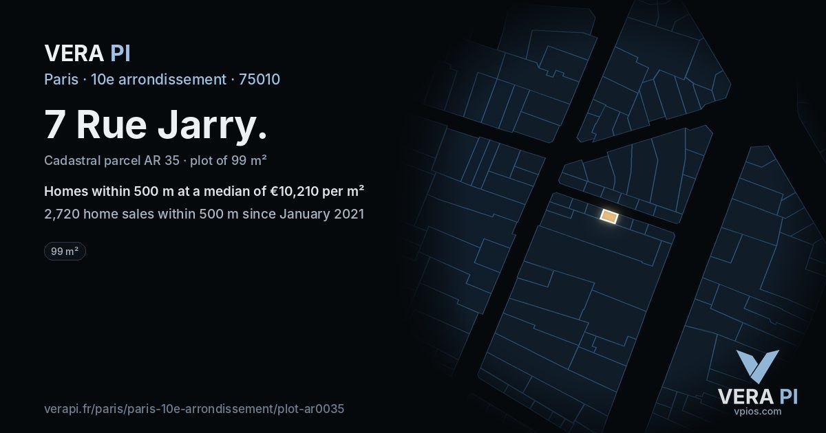7 Rue Jarry, 10e arrondissement at night – the plot lit, the parcels around coloured by the prices near them