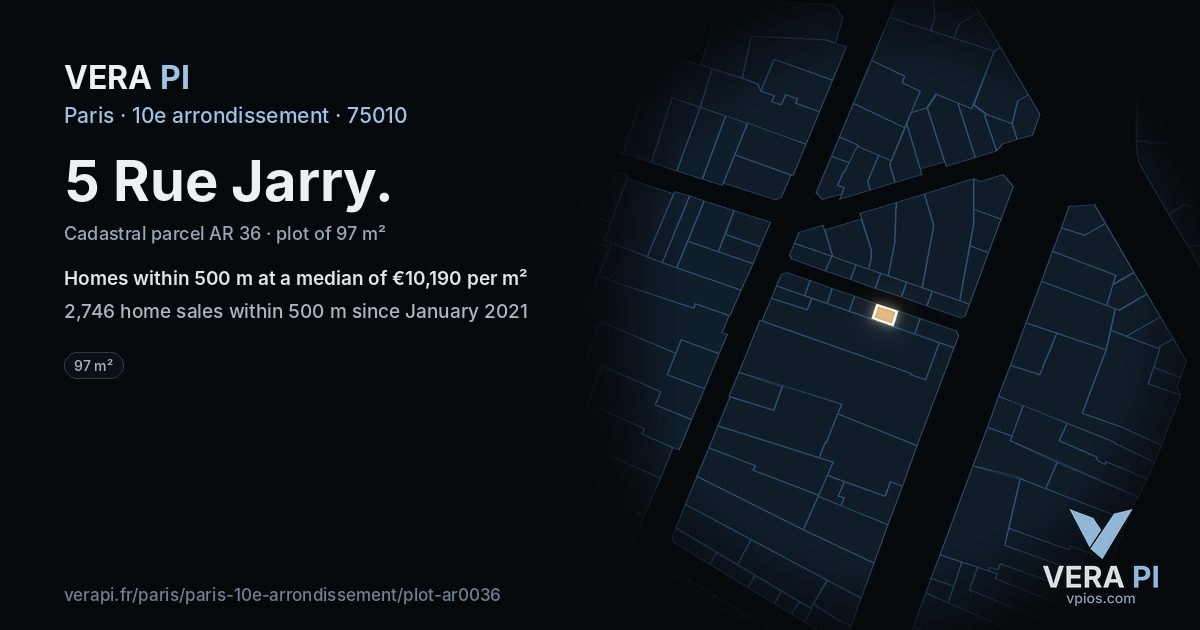 5 Rue Jarry, 10e arrondissement at night – the plot lit, the parcels around coloured by the prices near them