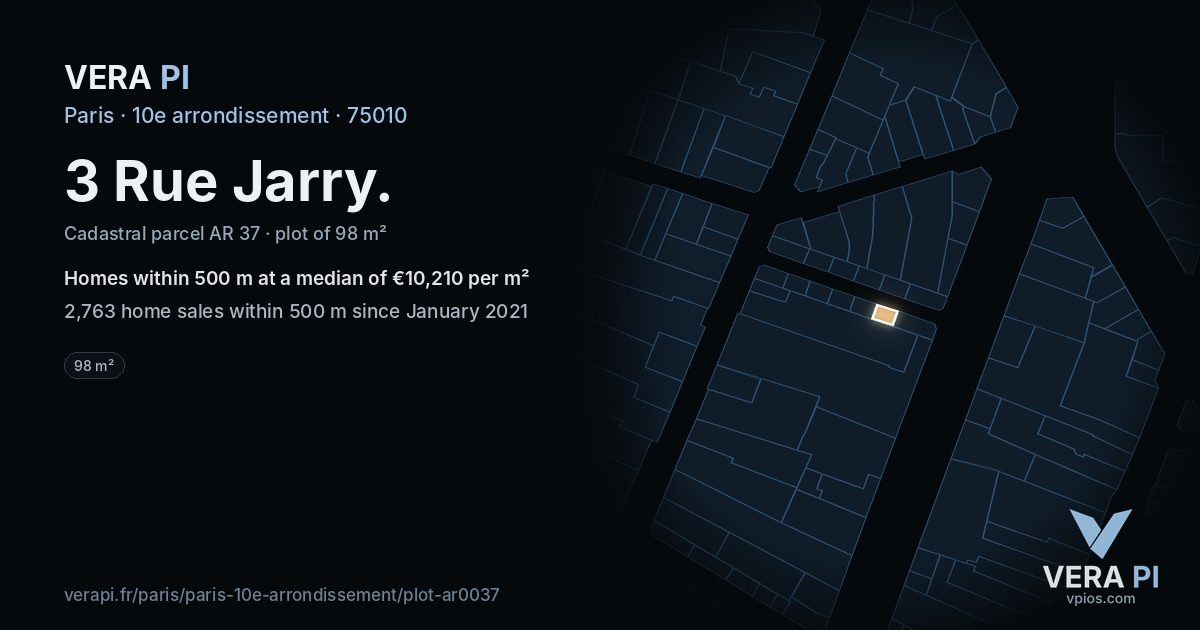 3 Rue Jarry, 10e arrondissement at night – the plot lit, the parcels around coloured by the prices near them