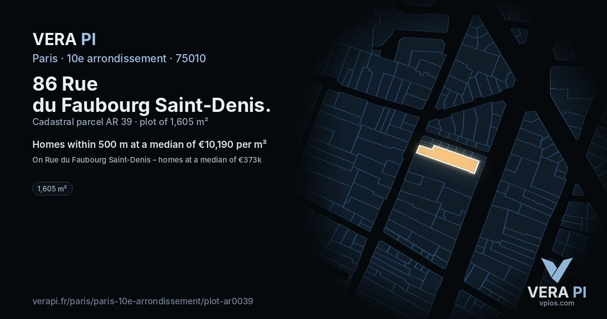 86 Rue du Faubourg Saint-Denis, 10e arrondissement at night – the plot lit, the parcels around coloured by the prices near them