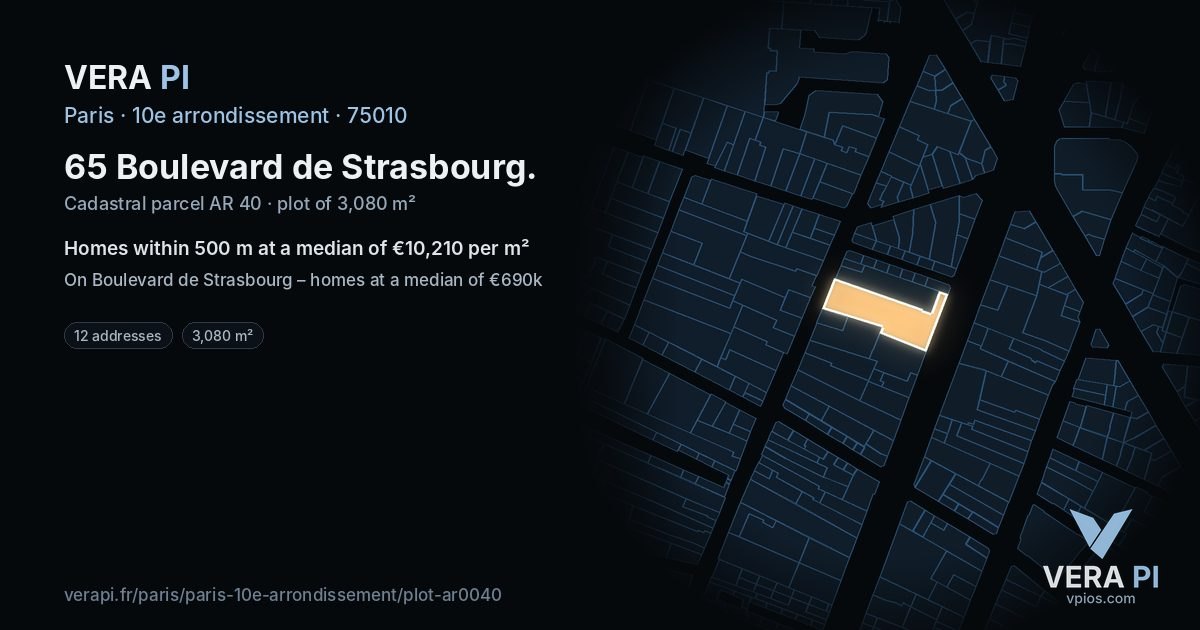 65 Boulevard de Strasbourg, 10e arrondissement at night – the plot lit, the parcels around coloured by the prices near them