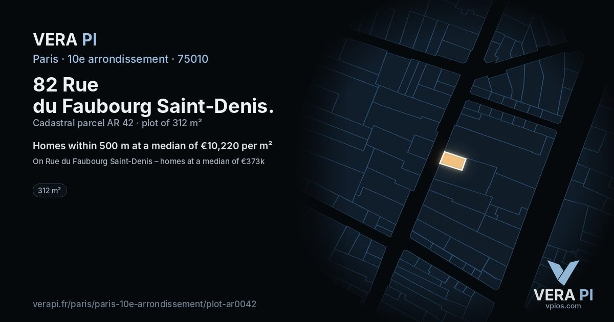 82 Rue du Faubourg Saint-Denis, 10e arrondissement at night – the plot lit, the parcels around coloured by the prices near them