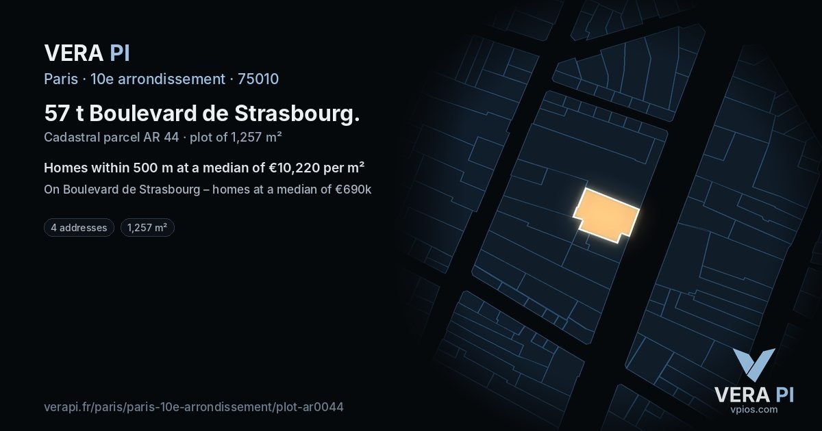 57 t Boulevard de Strasbourg, 10e arrondissement at night – the plot lit, the parcels around coloured by the prices near them