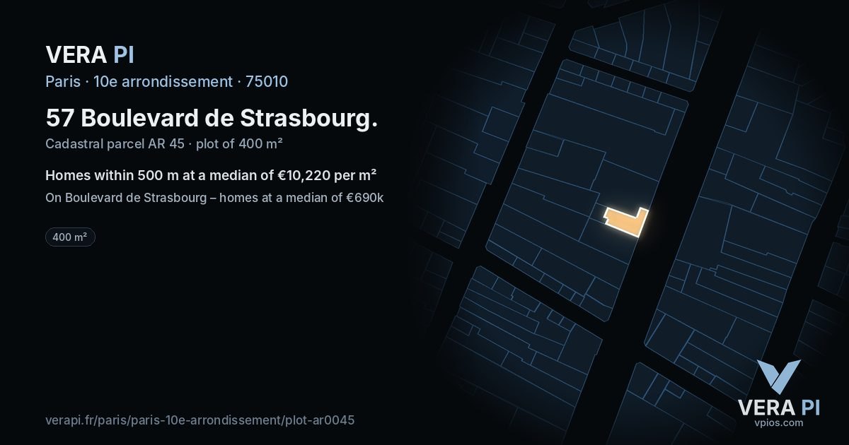 57 Boulevard de Strasbourg, 10e arrondissement at night – the plot lit, the parcels around coloured by the prices near them