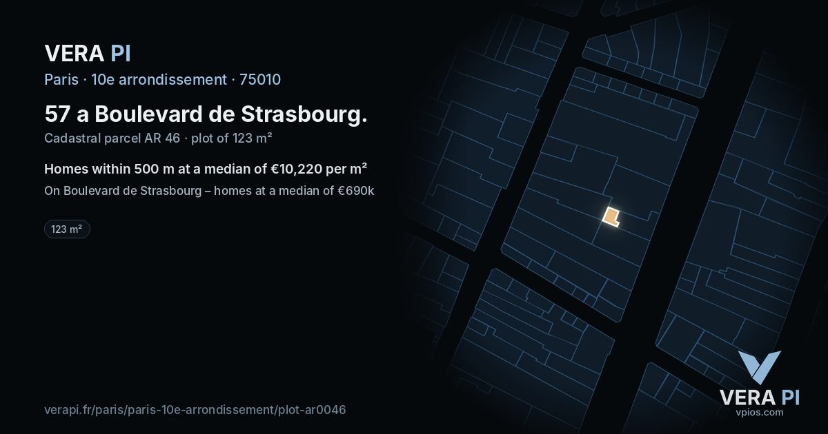 57 a Boulevard de Strasbourg, 10e arrondissement at night – the plot lit, the parcels around coloured by the prices near them