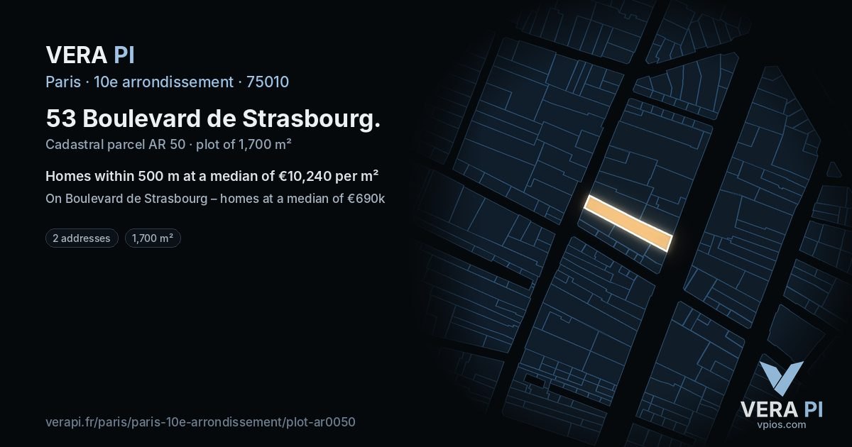 53 Boulevard de Strasbourg, 10e arrondissement at night – the plot lit, the parcels around coloured by the prices near them