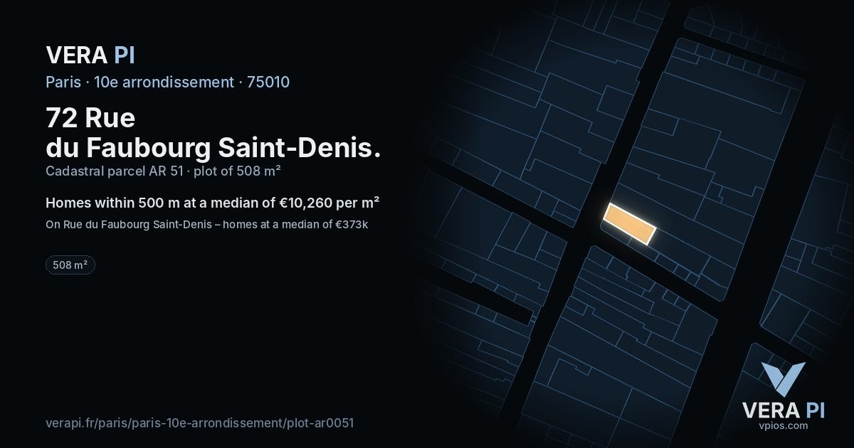 72 Rue du Faubourg Saint-Denis, 10e arrondissement at night – the plot lit, the parcels around coloured by the prices near them