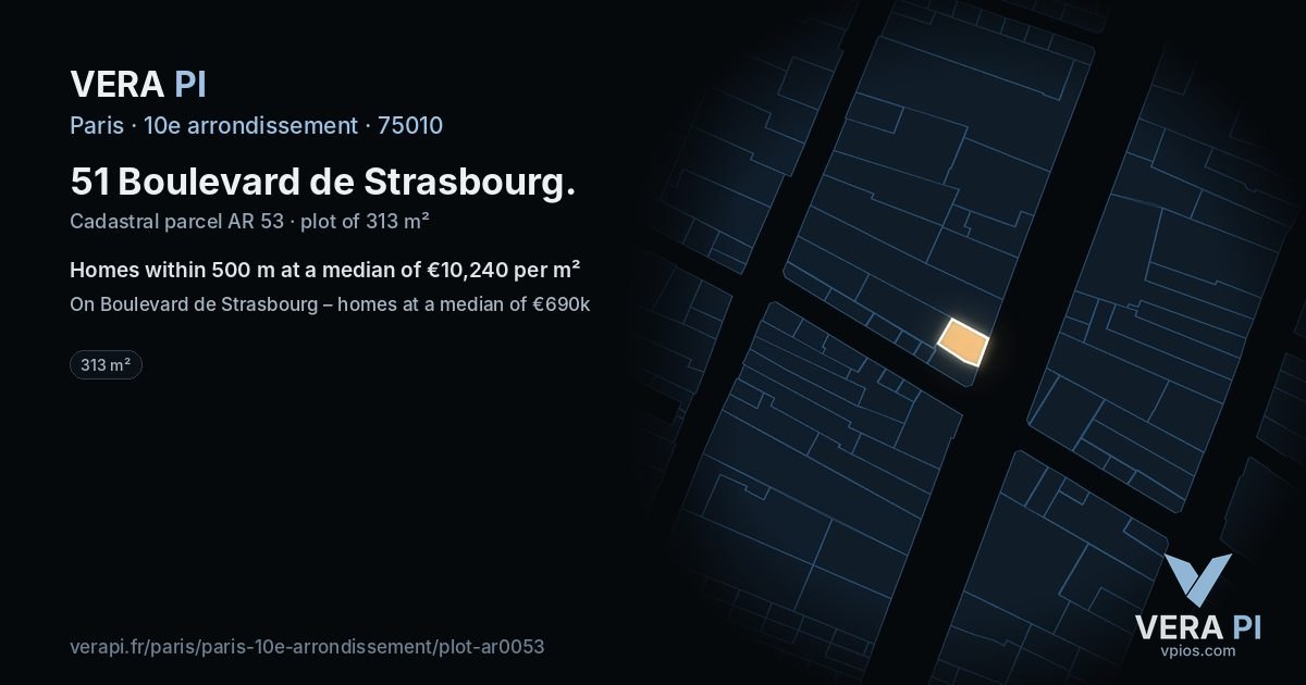 51 Boulevard de Strasbourg, 10e arrondissement at night – the plot lit, the parcels around coloured by the prices near them
