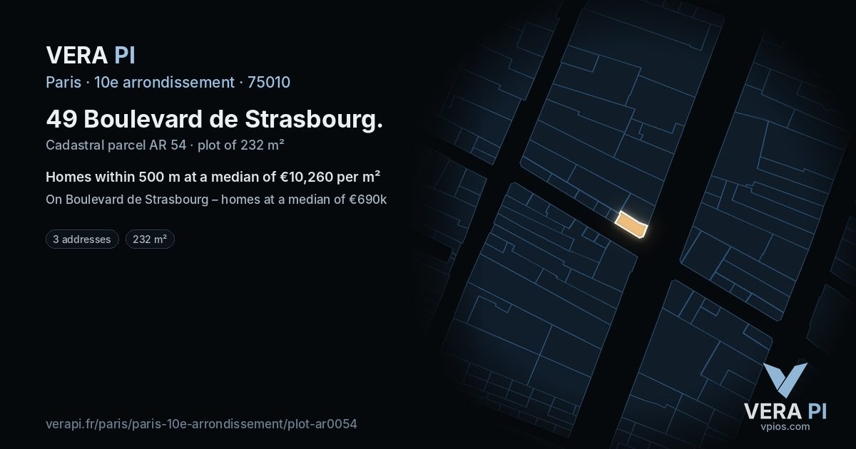 49 Boulevard de Strasbourg, 10e arrondissement at night – the plot lit, the parcels around coloured by the prices near them