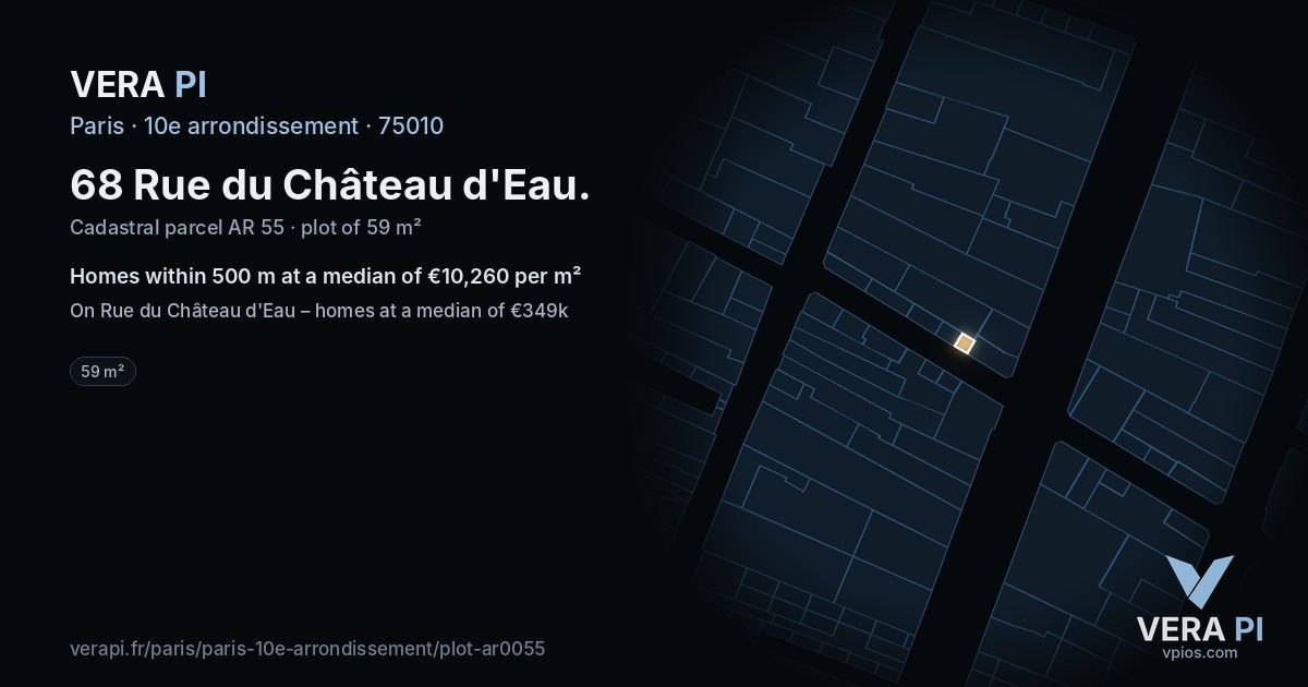 68 Rue du Château d'Eau, 10e arrondissement at night – the plot lit, the parcels around coloured by the prices near them