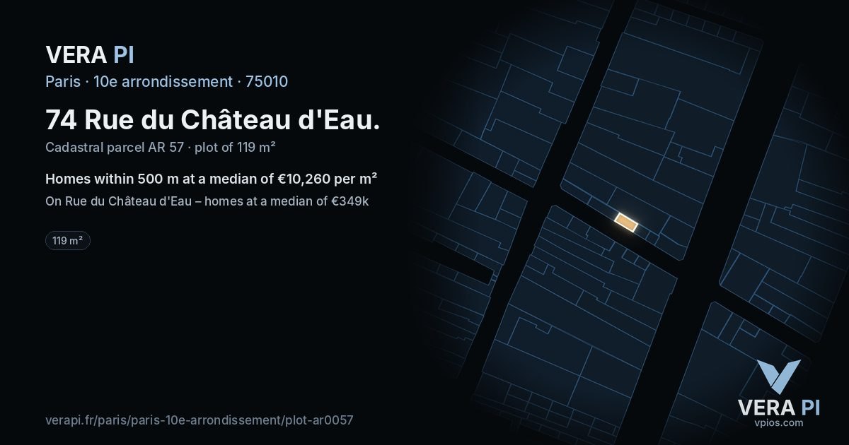 74 Rue du Château d'Eau, 10e arrondissement at night – the plot lit, the parcels around coloured by the prices near them