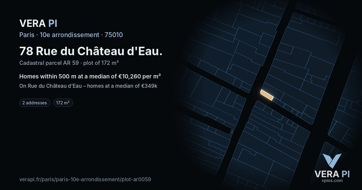 78 Rue du Château d'Eau, 10e arrondissement at night – the plot lit, the parcels around coloured by the prices near them