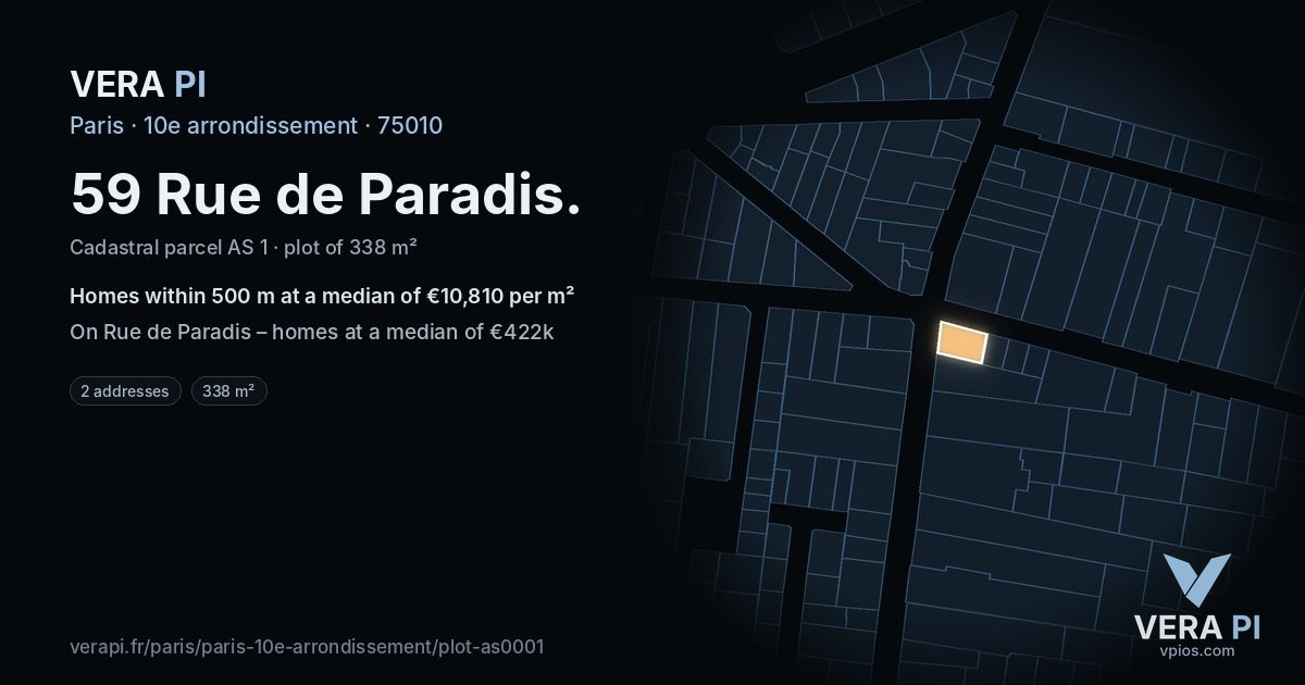 59 Rue de Paradis, 10e arrondissement at night – the plot lit, the parcels around coloured by the prices near them