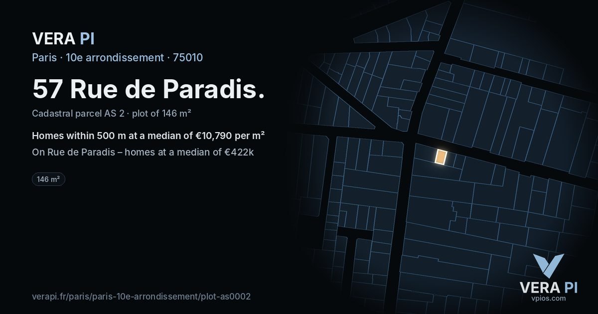 57 Rue de Paradis, 10e arrondissement at night – the plot lit, the parcels around coloured by the prices near them
