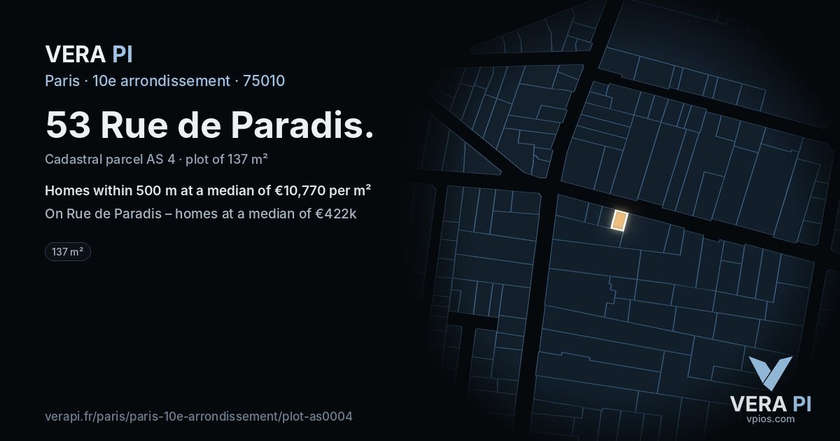 53 Rue de Paradis, 10e arrondissement at night – the plot lit, the parcels around coloured by the prices near them