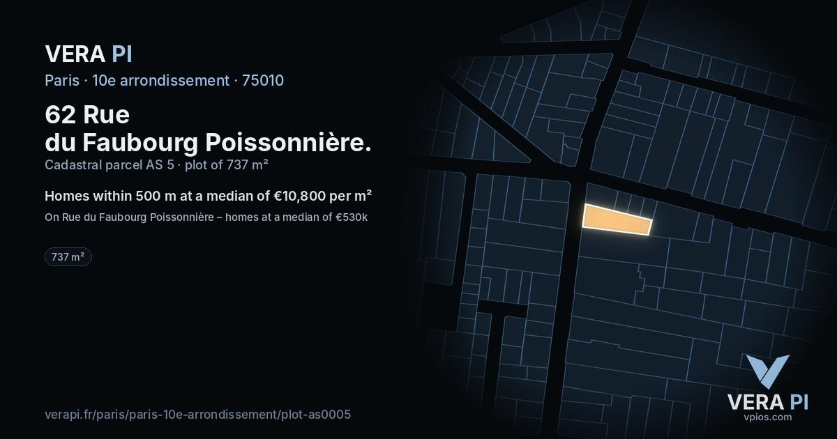 62 Rue du Faubourg Poissonnière, 10e arrondissement at night – the plot lit, the parcels around coloured by the prices near them
