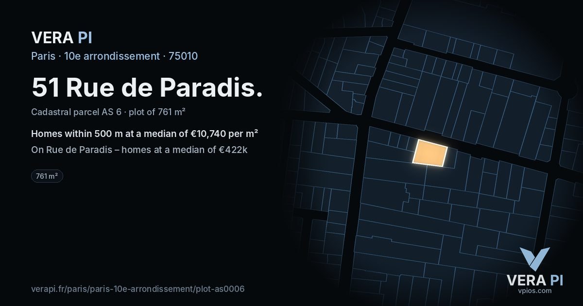 51 Rue de Paradis, 10e arrondissement at night – the plot lit, the parcels around coloured by the prices near them