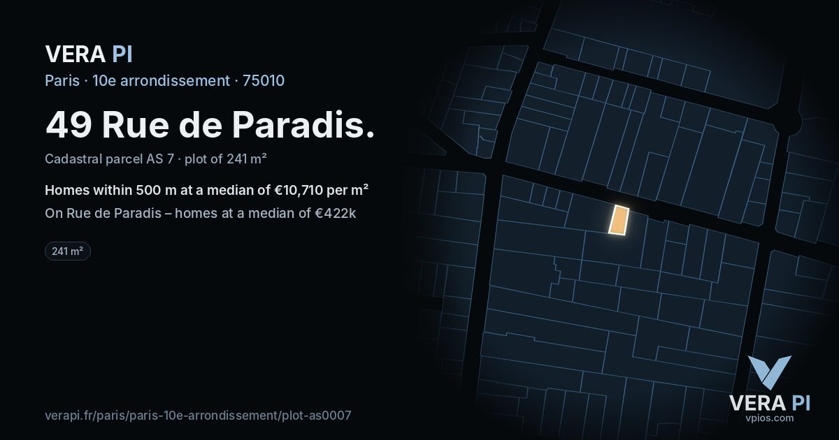 49 Rue de Paradis, 10e arrondissement at night – the plot lit, the parcels around coloured by the prices near them