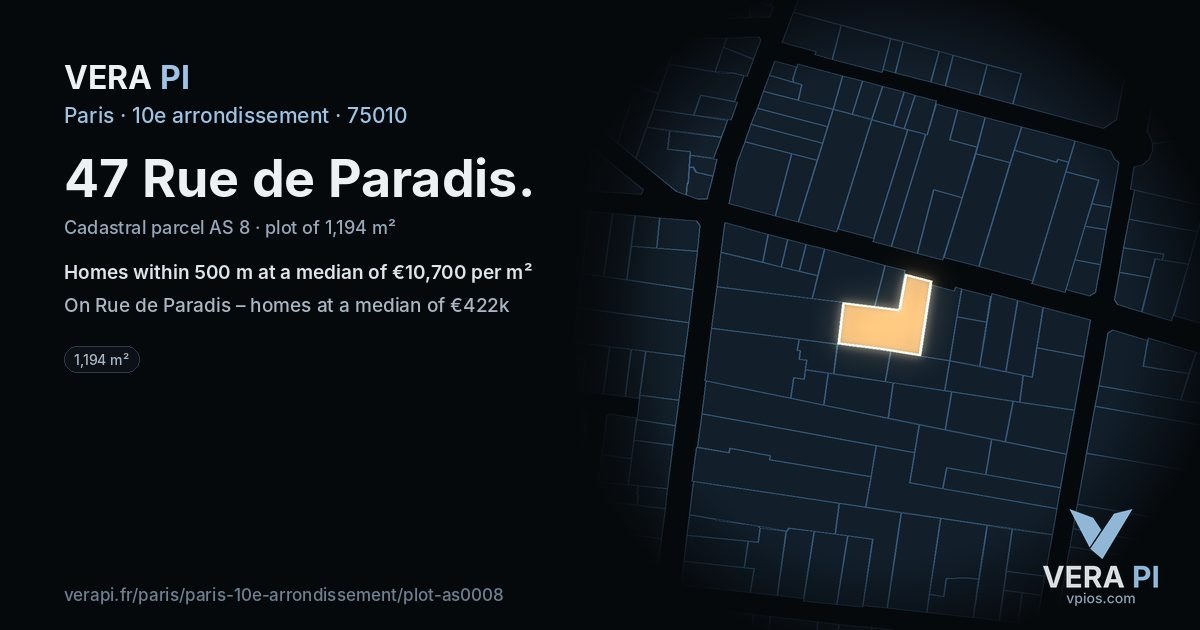47 Rue de Paradis, 10e arrondissement at night – the plot lit, the parcels around coloured by the prices near them
