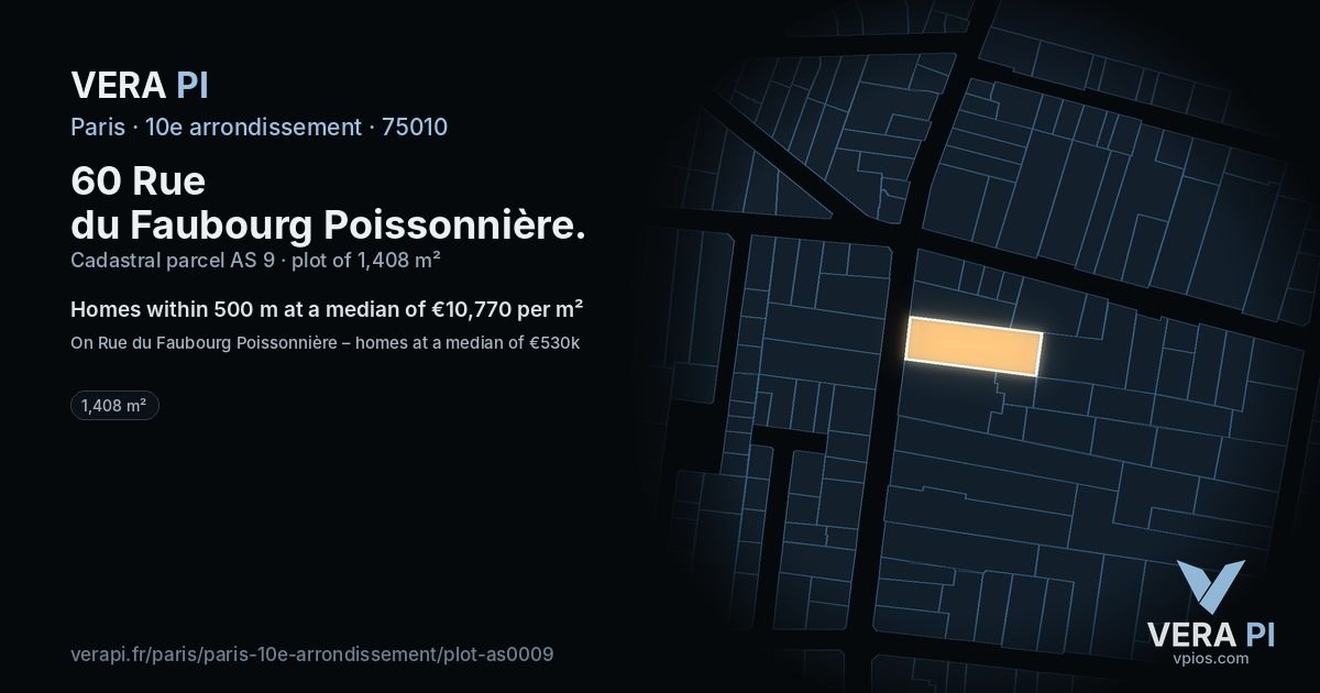 60 Rue du Faubourg Poissonnière, 10e arrondissement at night – the plot lit, the parcels around coloured by the prices near them