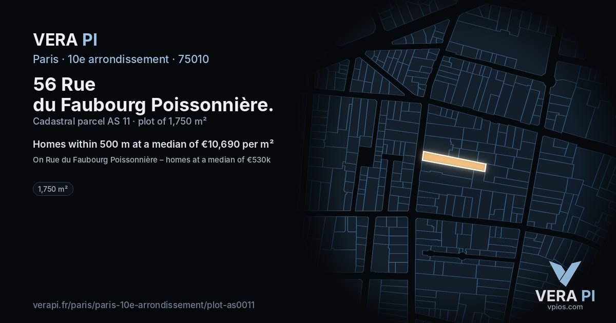 56 Rue du Faubourg Poissonnière, 10e arrondissement at night – the plot lit, the parcels around coloured by the prices near them